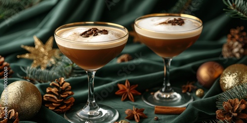 Espresso martinis on dark green velvet with holiday d�cor.