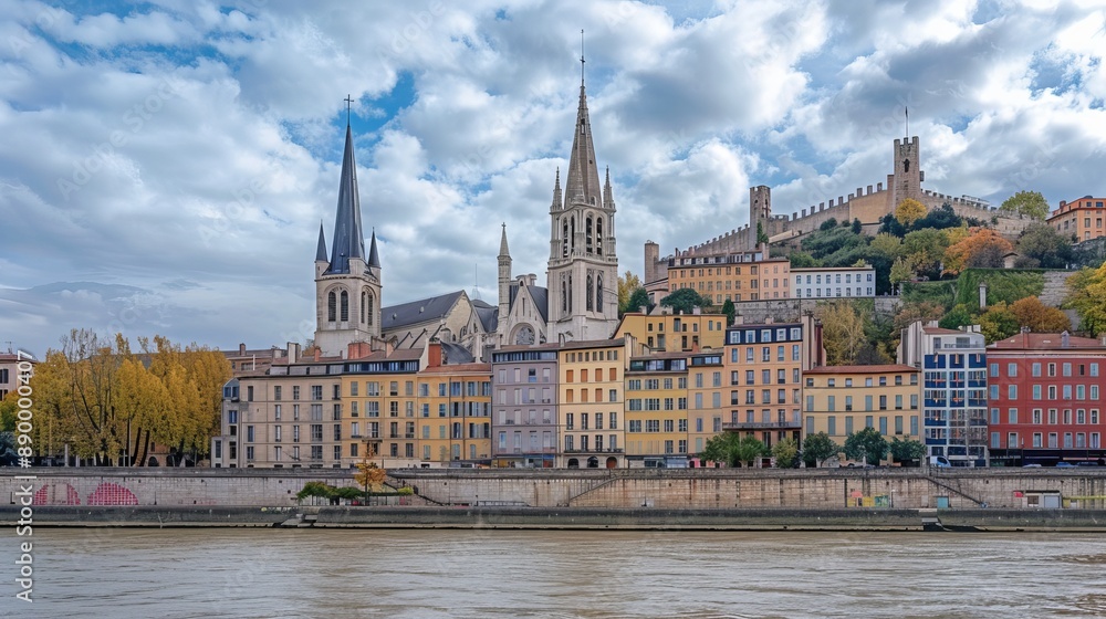 Fototapeta premium In Lyon, France, on October 6, 2019, the view includes the Church of St. George situated alongside buildings lining the Saone River at Quai Fulchiron in the Old City's 5th arrondissement.