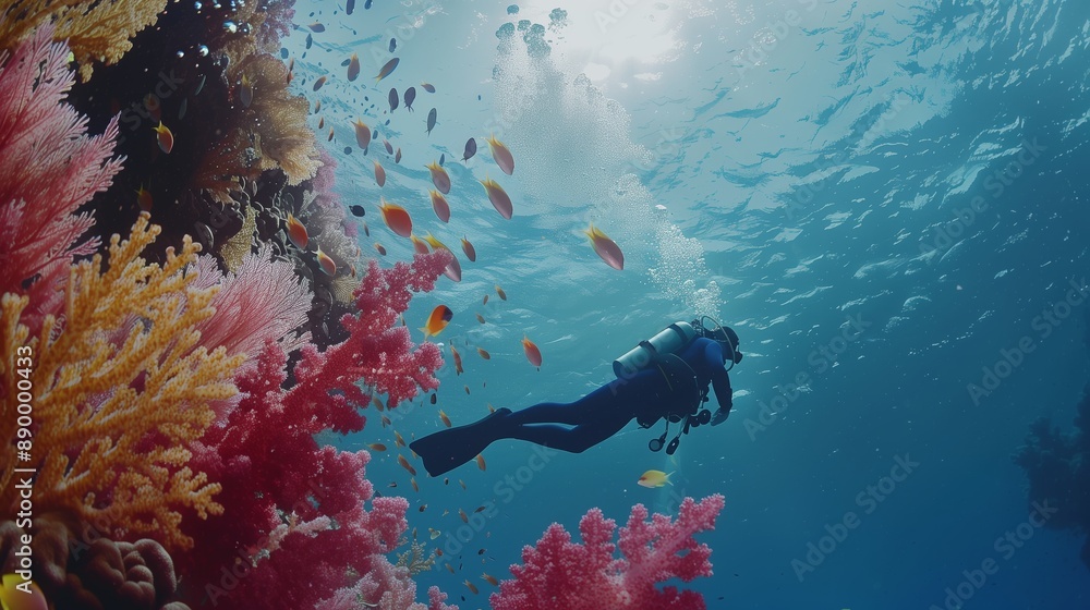 A low-angle shot captures a diver exploring a vibrant coral reef, surrounded by colorful fish.