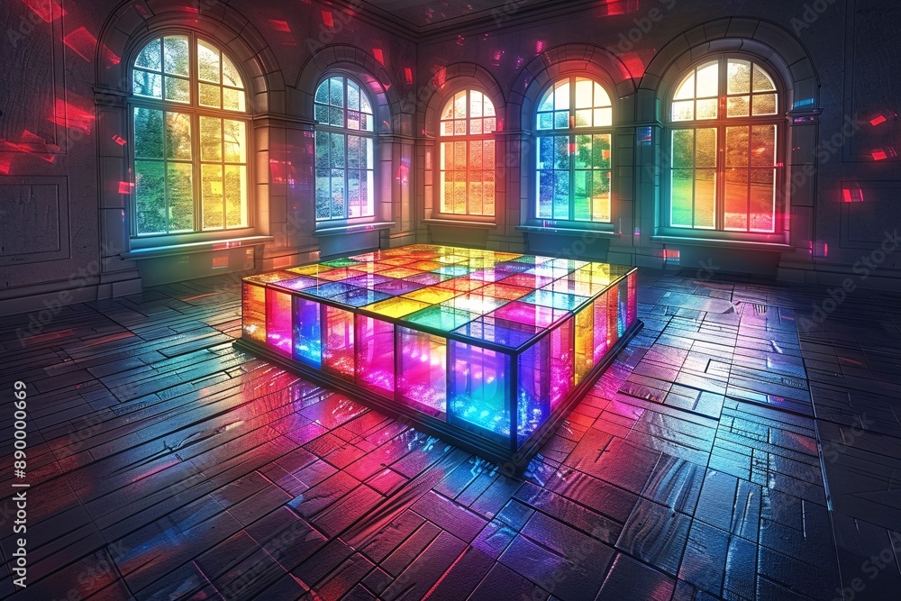 Vibrant room lit by colorful lights, creating dynamic ambiance. Vibrant room lit by colorful lights, creating dynamic ambiance.