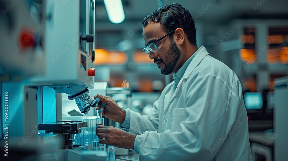 A lab technician using a spectrophotometer to measure the absorbance of samples, focusing on the precision of the technique. A lab technician using a spectrophotometer to measure the absorbance of samples, focusing on the precision of the technique.