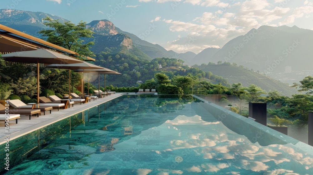 Fototapeta premium Swimming pool landscape view mountains background