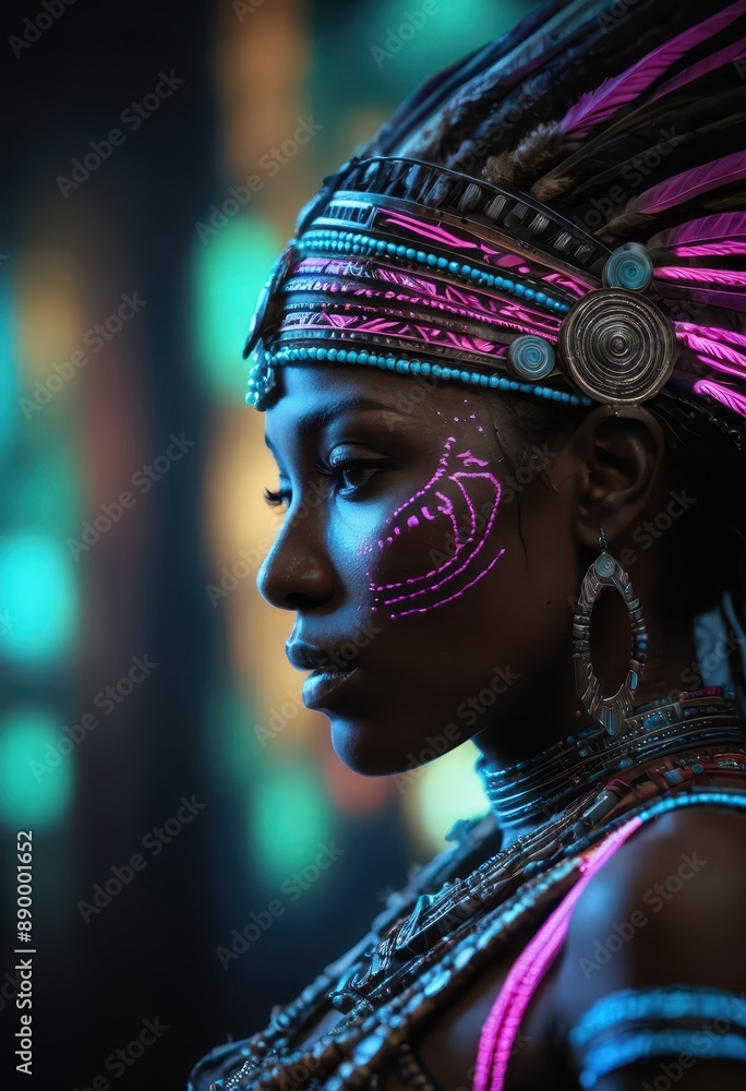 Portrait of a Woman in Traditional African Headdress with Neon Makeup Portrait of a Woman in Traditional African Headdress with Neon Makeup