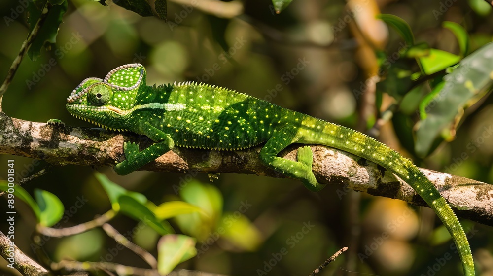 Wild green chameleons, commonly found in lush trees, blend into their surroundings by changing their skin color to match their environment. Wild green chameleons, commonly found in lush trees, blend into their surroundings by changing their skin color to match their environment.