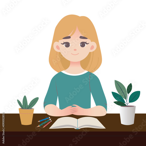 girl sitting with a textbook at the school desk, teacher, flat design, vector illustration, isolated on white