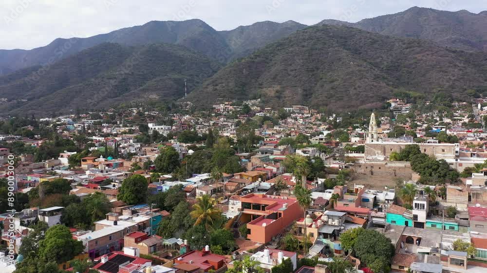 Afternoon aerial view of the historic city center of downtown Ajijic, Jalisco, Mexico.