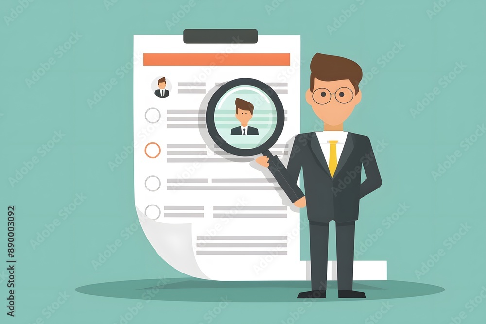 A cartoon businessman analyzing a resume with a magnifying glass on a turquoise background. A cartoon businessman analyzing a resume with a magnifying glass on a turquoise background.