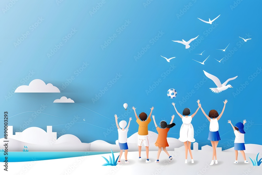 Fototapeta premium Group of children playing outdoors, reaching for the sky, under a bright blue sky with birds.