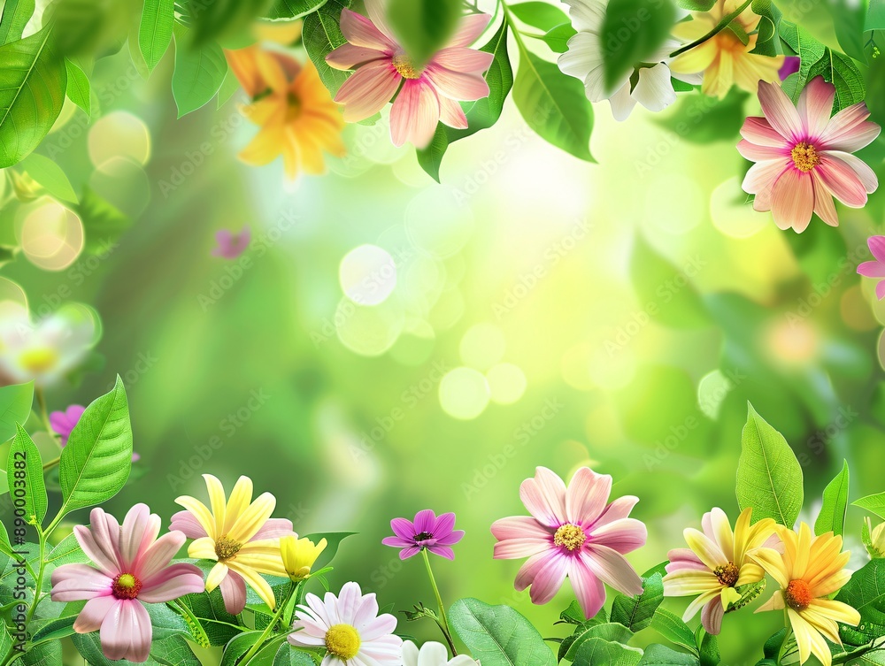 2. An enchanting floral spring backdrop with a horizontal layout, showcasing a variety of colorful flowers and fresh green leaves, designed with a spacious area for text 2. An enchanting floral spring backdrop with a horizontal layout, showcasing a variety of colorful flowers and fresh green leaves, designed with a spacious area for text