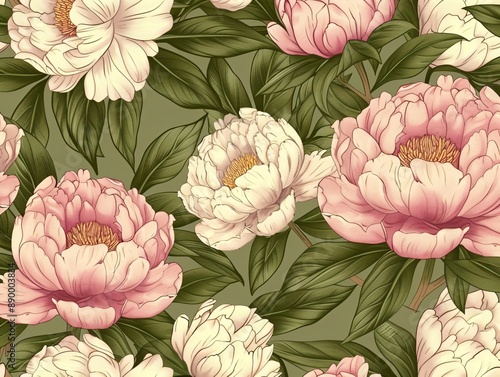 Fototapeta Naklejka Na Ścianę i Meble -  5. A charming seamless pattern of hand-drawn peonies in a horizontal layout, featuring intricately detailed flowers and leaves, creating a lovely floral background suitable for textiles, banners, and