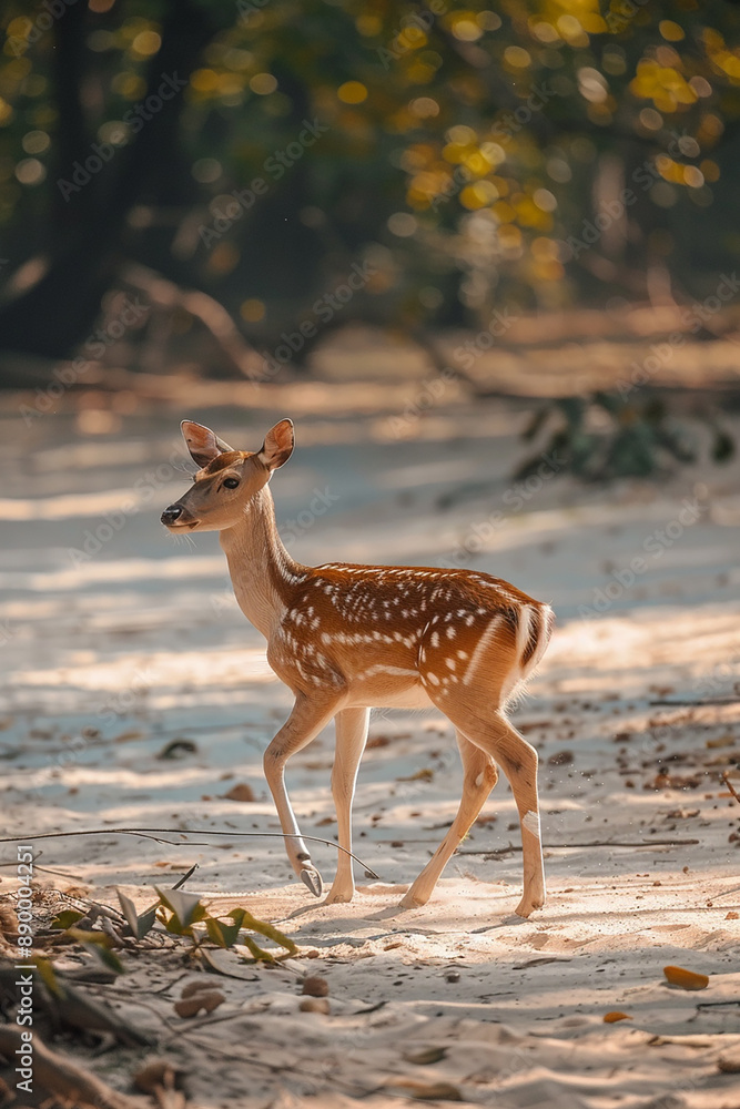 A young spotted deer standing gracefully in a sunlit forest clearing, showcasing the innocence and beauty of wildlife.
