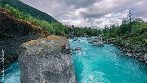 Ventisquero River seen from the suspension bridge in Queulat National Park. Puyuhuapi, Patagonia Chile photo