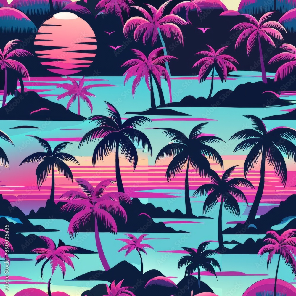 Fototapeta premium seamless pattern of neon palm trees and sunsets, Generative AI