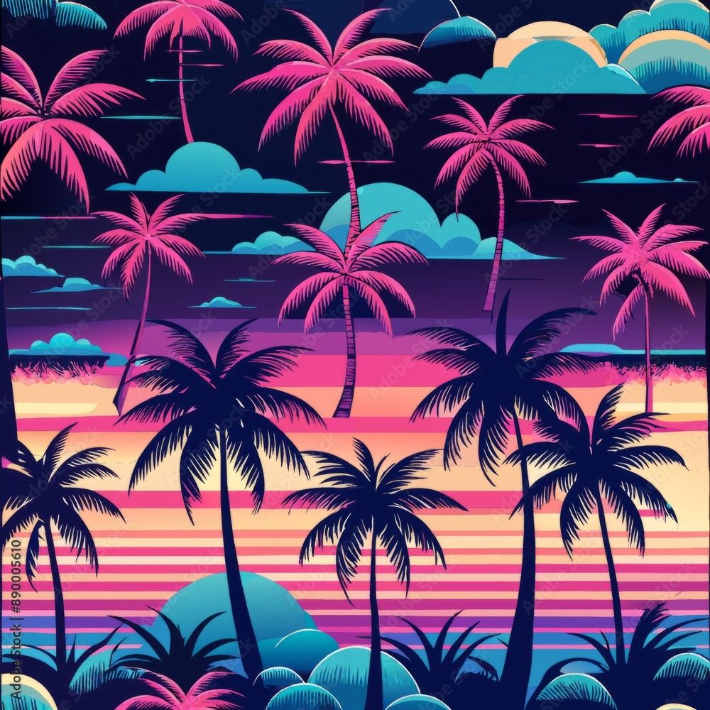 seamless pattern of neon palm trees and sunsets, Generative AI seamless pattern of neon palm trees and sunsets, Generative AI