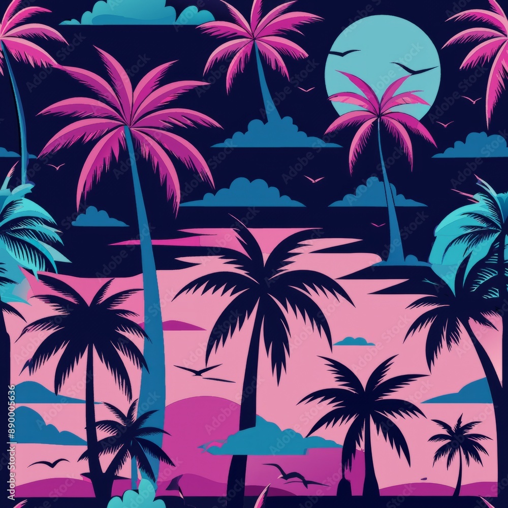 seamless pattern of neon palm trees and sunsets, Generative AI seamless pattern of neon palm trees and sunsets, Generative AI