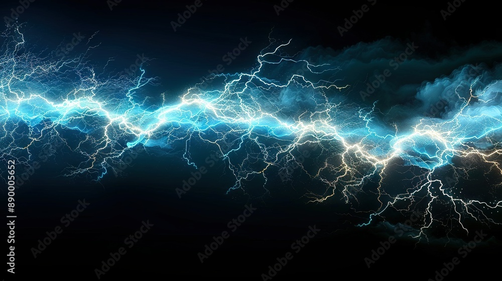 Black background with blue and white lightning streaks in the sky Black background with blue and white lightning streaks in the sky