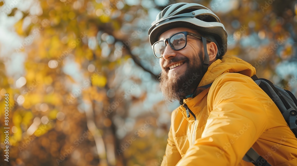 Cheerful bearded man in activewear, black helmet and sport glasses sitting on bike and looking on camera with beautiful nature around Cheerful bearded man in activewear, black helmet and sport glasses sitting on bike and looking on camera with beautiful nature around