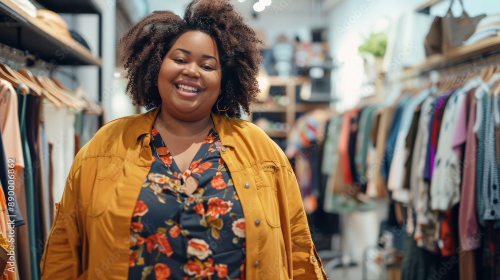 Plus-size woman shopping for clothes, trying on outfits in a chic boutique Plus-size woman shopping for clothes, trying on outfits in a chic boutique