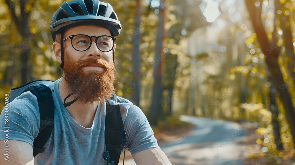Obraz premium Cheerful bearded man in activewear, black helmet and sport glasses sitting on bike and looking on camera with beautiful nature around