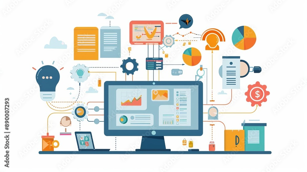 Flat illustration of a mobile phone with business and social media app icons Flat illustration of a mobile phone with business and social media app icons