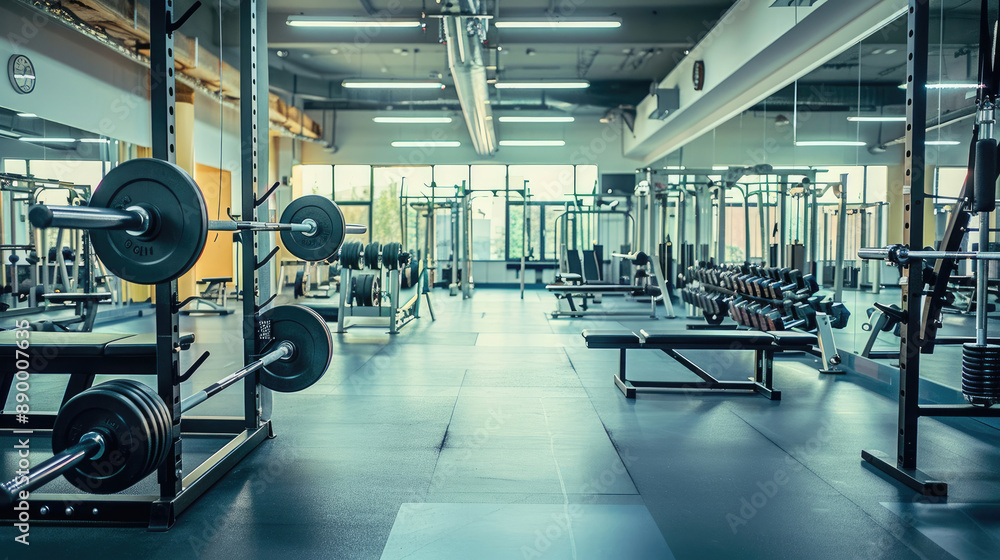 Fototapeta premium Fitness Club Interior with Weight Bars and Racks