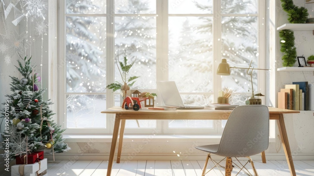 Modern desk in a brightly lit room, with a clear space for Christmas decorations, set against a backdrop of a snowy window Modern desk in a brightly lit room, with a clear space for Christmas decorations, set against a backdrop of a snowy window