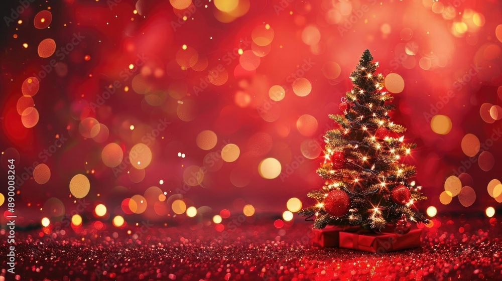 Christmas tree with shimmering bokeh lights, holiday design, abstract style, red canvas backdrop, isolated on white background Christmas tree with shimmering bokeh lights, holiday design, abstract style, red canvas backdrop, isolated on white background