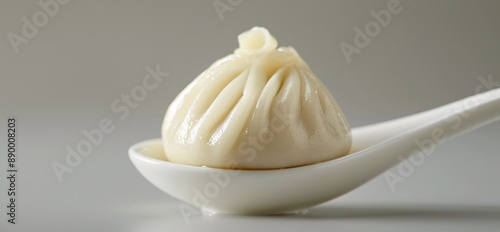 A savory dumpling with green squash, pork, and garlic, served in a spoon on a grey background. photo