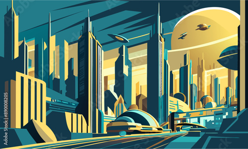 Abstract illustration on the theme of a fantastic cityscape against a blue sky.