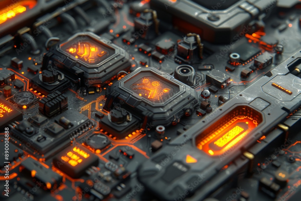 Fototapeta premium Close Up of High Tech Circuitry Orange and Black Electronics Cybernetic Innovation