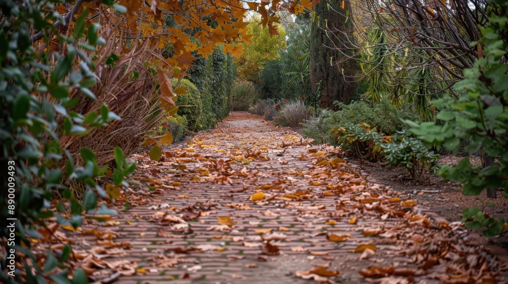 A brick path lined with fallen autumn leaves leads through a garden, with vibrant greenery and a canopy of trees overhead. The path is flanked by lush foliage, creating a tranquil and inviting atmosph
