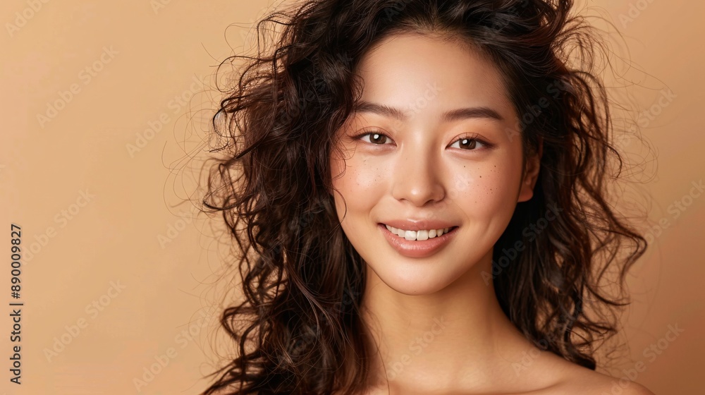 Gorgeous Asian lady with wavy hair, Korean-inspired makeup, and radiant complexion smiling on a neutral background. Beauty treatments and enhancements. Gorgeous Asian lady with wavy hair, Korean-inspired makeup, and radiant complexion smiling on a neutral background. Beauty treatments and enhancements.