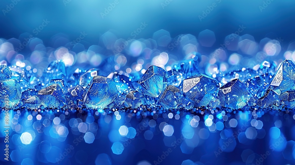 Close-up of a blue background with numerous small glass pieces on the bottom and a few additional smaller ones Close-up of a blue background with numerous small glass pieces on the bottom and a few additional smaller ones