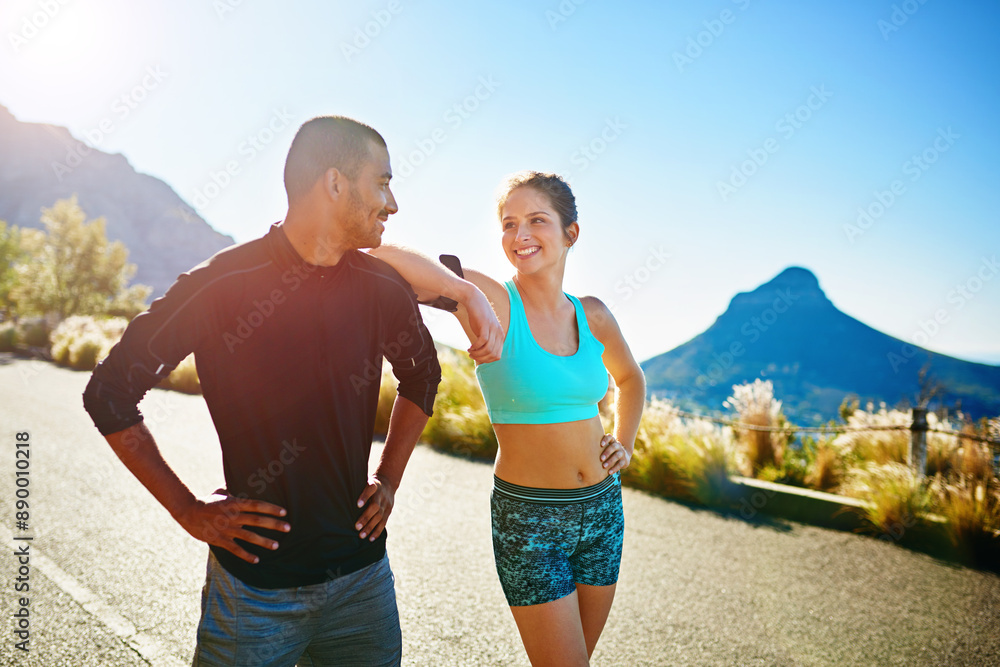 Support, man and woman on mountain for fitness, teamwork and confidence in marathon training together. Smile, nature and happy runner with personal trainer, athlete and warm up for outdoor workout Support, man and woman on mountain for fitness, teamwork and confidence in marathon training together. Smile, nature and happy runner with personal trainer, athlete and warm up for outdoor workout