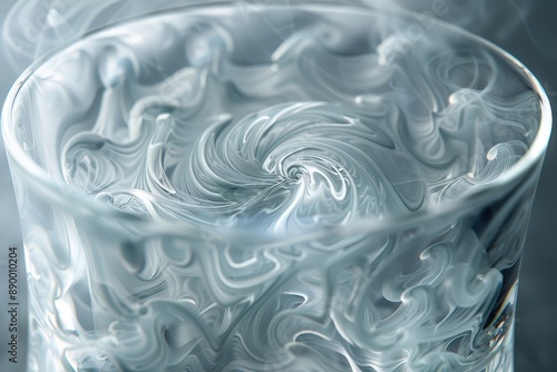 Close-up of a glass flask filled with swirling smoke. photo