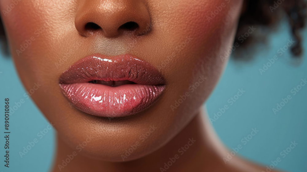 Naklejka premium Close up of brown African American woman's lips with shiny clear lip gloss with mouth closed