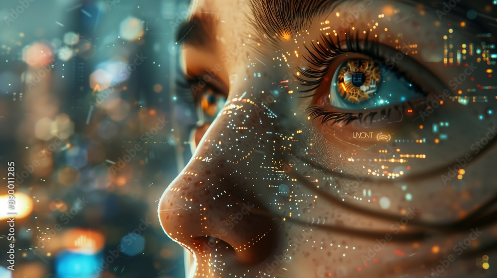 Close-up young freckled face with digital overlays representing blend of human emotion and advanced technology Close-up young freckled face with digital overlays representing blend of human emotion and advanced technology