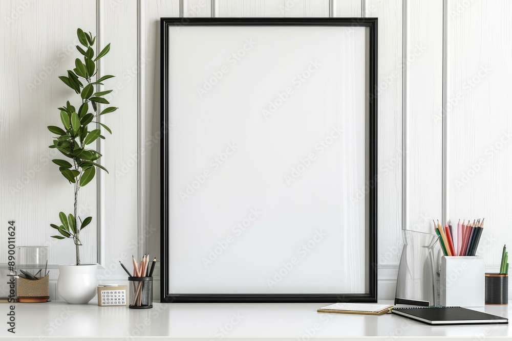 Stylish and Minimalist Workspace with Laptop, Frame, and Potted Plant on White Wall Background Stylish and Minimalist Workspace with Laptop, Frame, and Potted Plant on White Wall Background