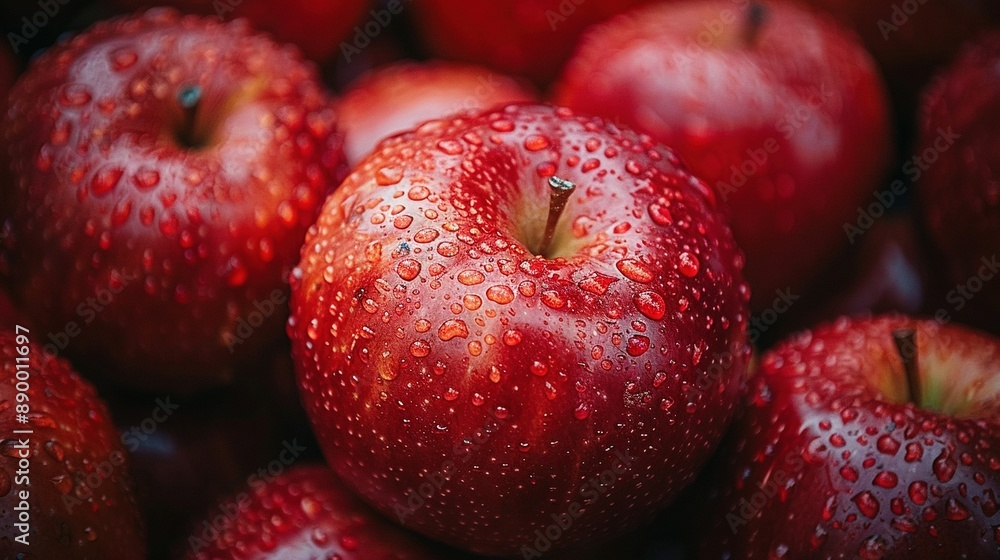 Close-up photo of red apples with water droplets on top and bottom Close-up photo of red apples with water droplets on top and bottom