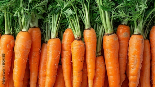  A group of carrots are stacked on top of a mound of green foliage