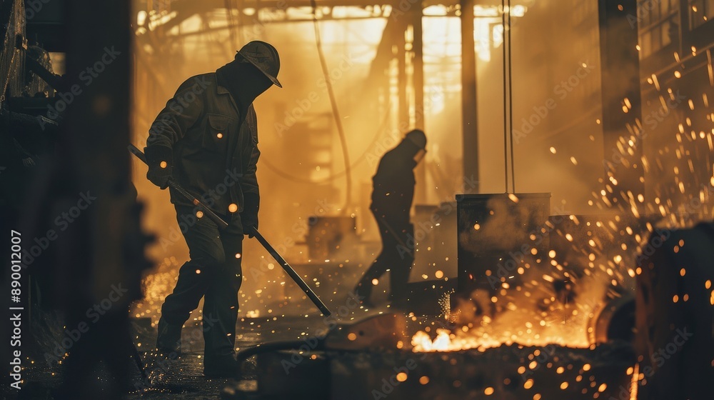 Workers in a foundry casting iron, surrounded by intense fire and smoke Workers in a foundry casting iron, surrounded by intense fire and smoke