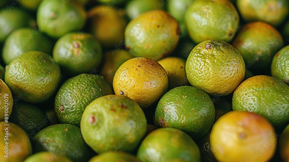 A mound of limes perched atop a heap of assorted green and yellow produce A mound of limes perched atop a heap of assorted green and yellow produce