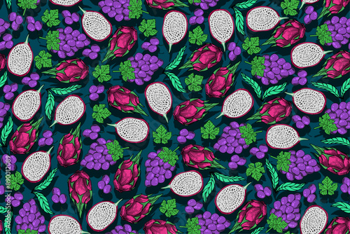 seamless pattern grape and dragon fruit, vector drawing