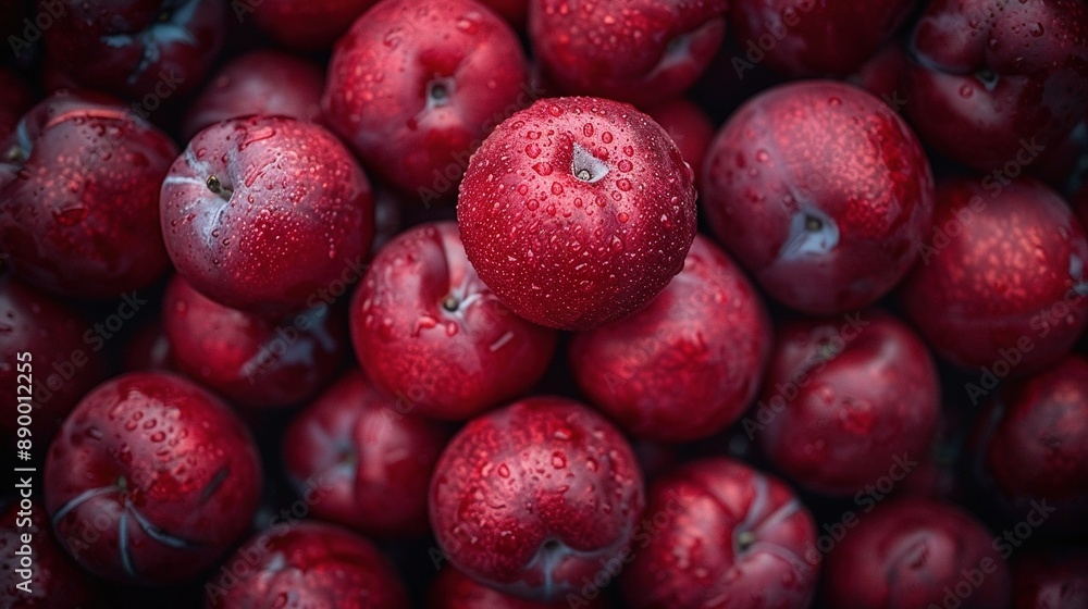 A pile of red apples with water droplets on top and bottom A pile of red apples with water droplets on top and bottom