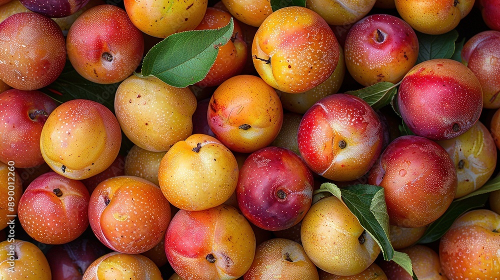 A close-up of a pile of apples with leaves on top is shown The apples are yellow, red, and orange in color A close-up of a pile of apples with leaves on top is shown The apples are yellow, red, and orange in color