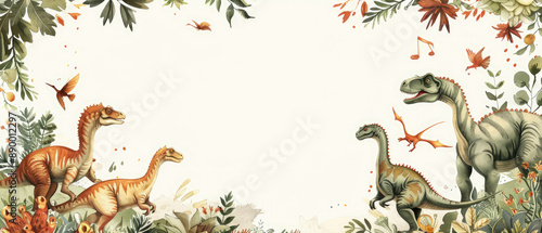 Fototapeta Naklejka Na Ścianę i Meble -  Detailed birthday invitation for a dinosaur animal themed party featuring dinosaur creatures with a white blank center