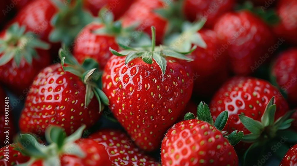 Close-up photo of red strawberries on green foliage Close-up photo of red strawberries on green foliage