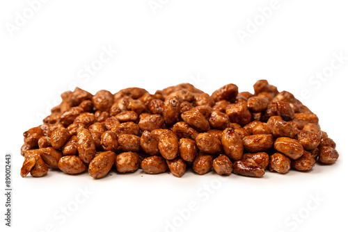 Tasty sweet roasted peanuts isolated on a white background.