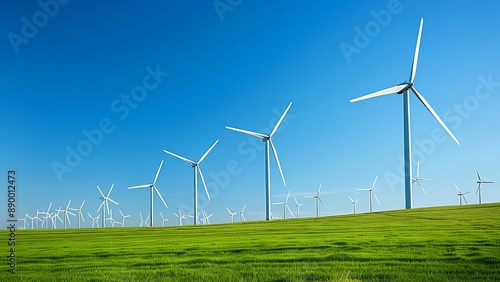 wind turbines aligned in a green field