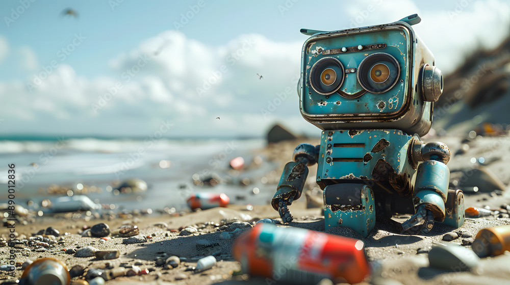 A cute smiling little robot collecting garbage on a beach on a sunny day A cute smiling little robot collecting garbage on a beach on a sunny day